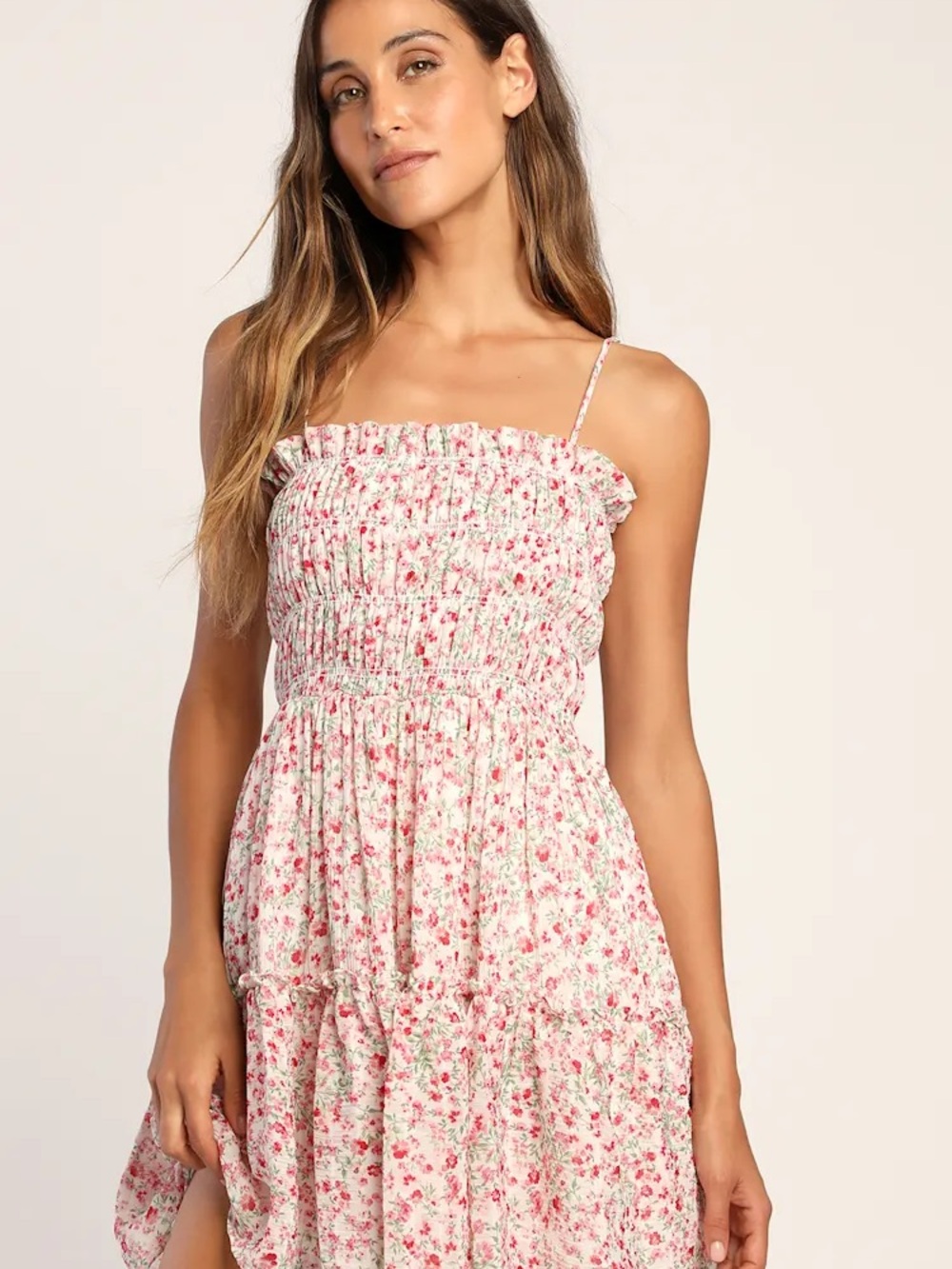 Lulu's Petal Perfection Pink Floral Print Smocked Tiered Mini Dress Size XL